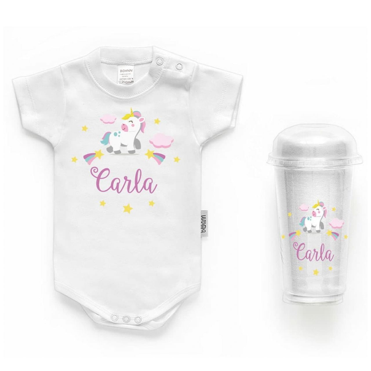 Destacada Body Dibujo Unicornio con Nombre Personalizado (manga corta)
